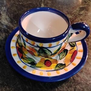 Handmade, hand-painted ceramic espresso cup and saucer set